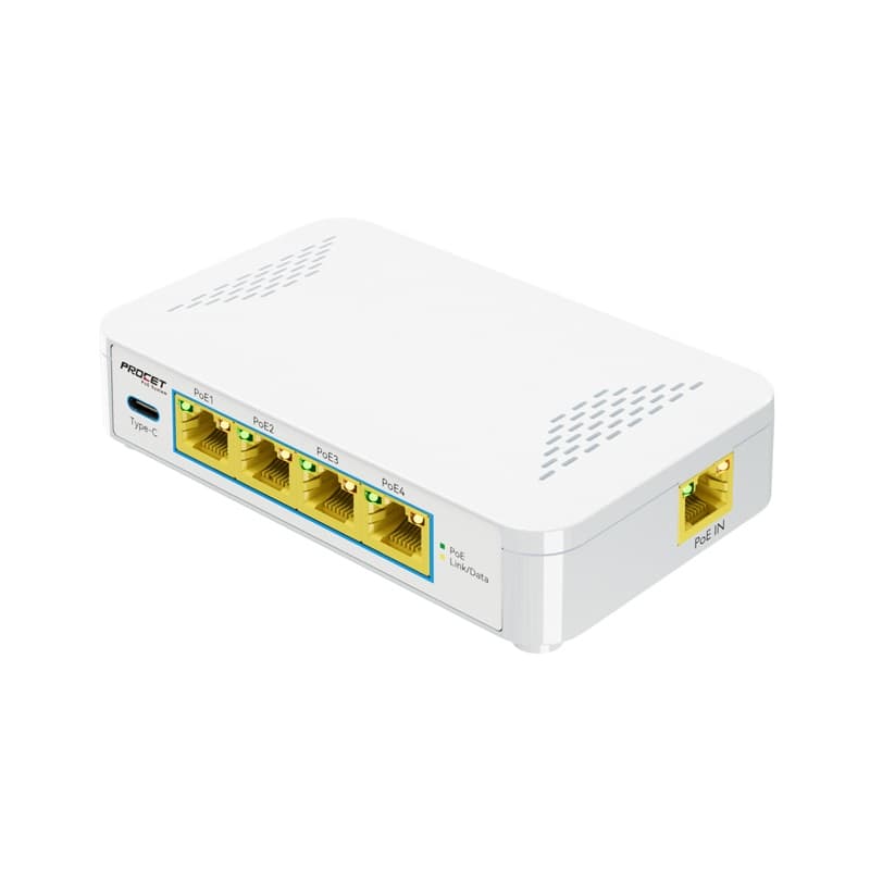 Procet PoE Systems Procet Gigabit PoE Extender with USB-C Out and 4 Port 65 Watt PoE Switch EN-PEX04GBC