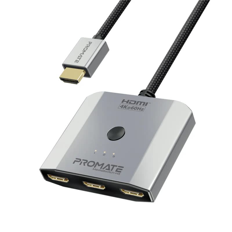 Promate PROMATE 3-in-1 Triple HDMI Switch with 0.5m Cable. Supports 4K@60Hz. MEDIASWITCH-H3
