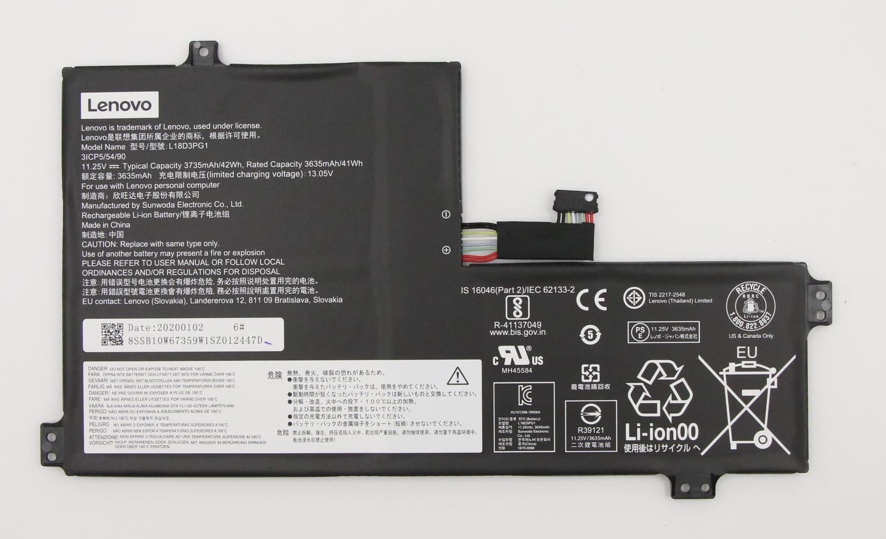 Lenovo 3 Cell Battery, 42Wh, 11.25V, Li-ion, L17M3PB0
